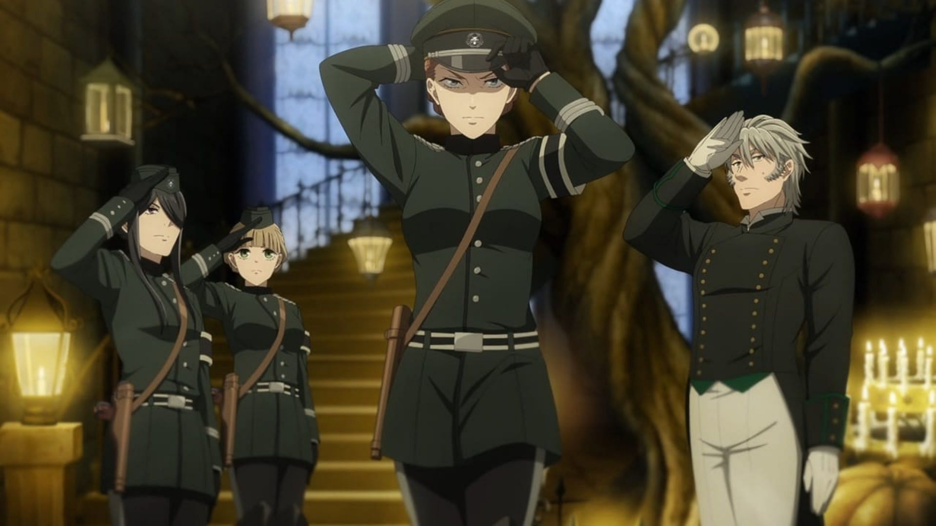 Commander Hilde, Wolfram, and others in the anime (Image via CloverWorks)